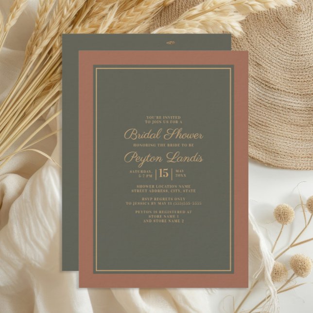 Convite Elegante Estiloso Musgo Verde Ferrugem Outono Nupc (Burnt orange/terracotta and dark sage/olive green bridal shower invitation)
