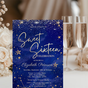 Convite Elegante Estrelas Douradas Modernas Azul Sweet 16