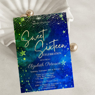 Convite Elegante Estrelas Douradas Modernas Azul Verde Doz