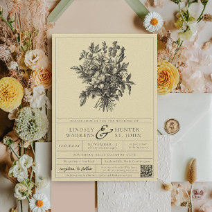 Convite Elegante Etiqueta Floral Amarela Manteiga Casament