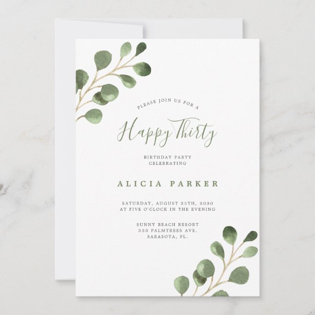 Convite Elegante eucalipto deixa aniversário de 30 anos (Frente)