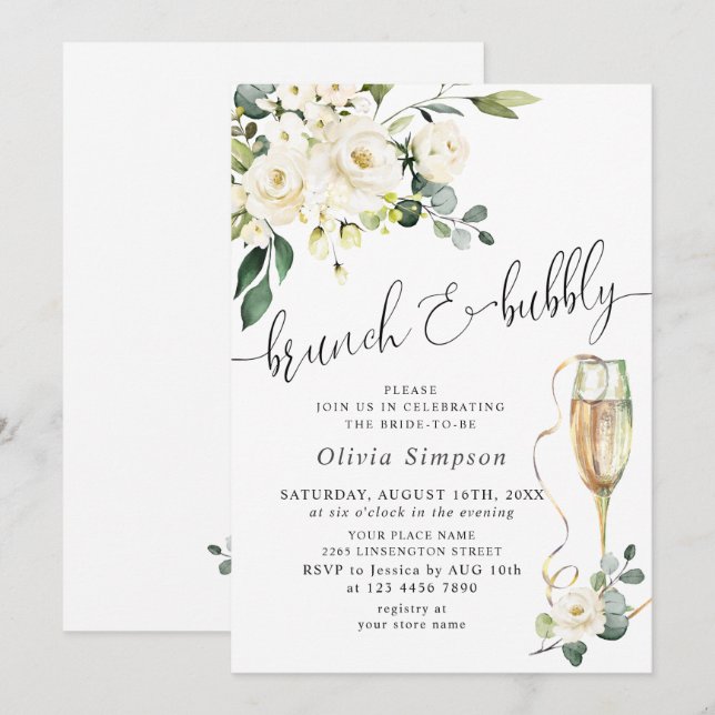 Convite Elegante Eucalipto Rosas Brancas Brunch & Espumant (Frente/Verso)