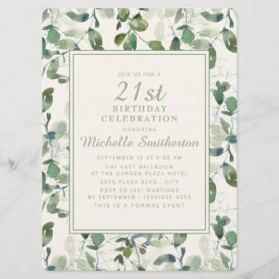 Convite Elegante Eucalipto Verde Deixa aniversário de 21