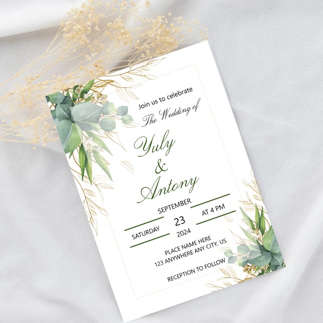 Convite Elegante Eucalipto Verde Dourado Botânico (Green leaves modern botanical formal wedding invitation)