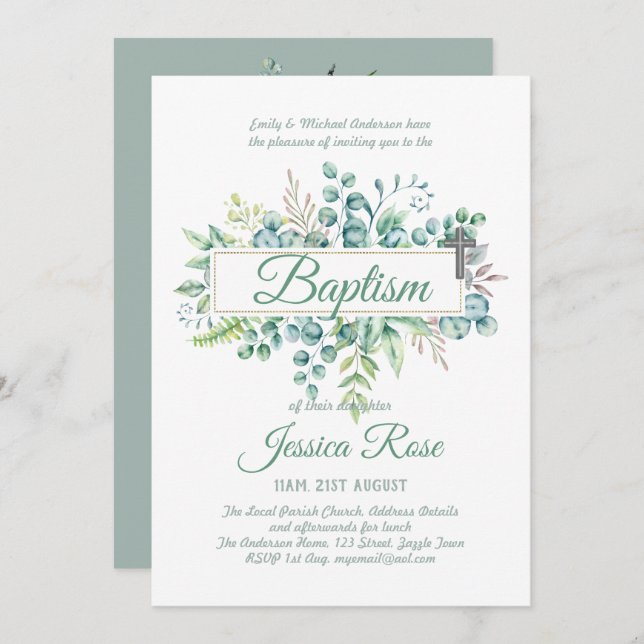 Convite Elegante Eucalyptus Baptism Christening (Frente/Verso)