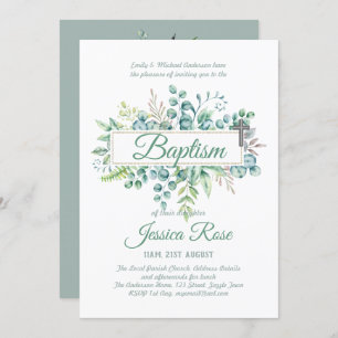 Convite Elegante Eucalyptus Baptism Christening