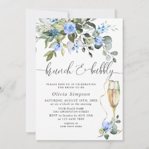 Convite Elegante Eucalyptus Blue Rosa Brunch e Bubble