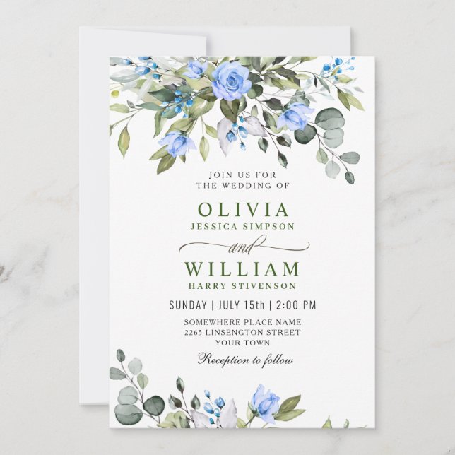 Convite Elegante Eucalyptus Blue Rosa Casamento Verde (Frente)