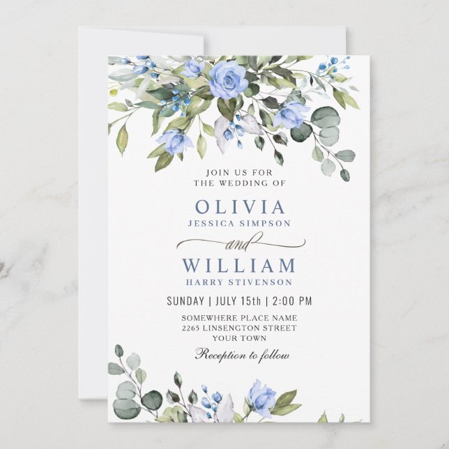 Convite Elegante Eucalyptus Blue Rosas Greenery Wedding In (Frente)