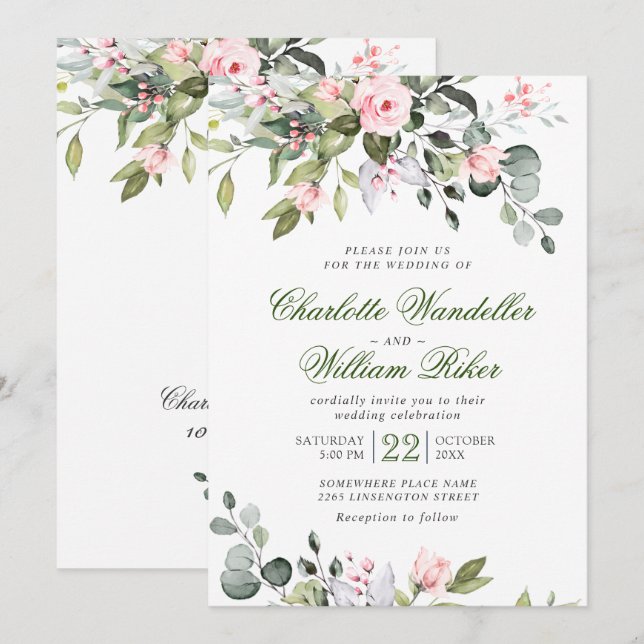 Convite Elegante Eucalyptus Blush Rosas Casamento Verde (Frente/Verso)