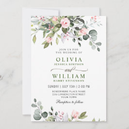 Convite Elegante Eucalyptus Blush Rosas Casamento Verde