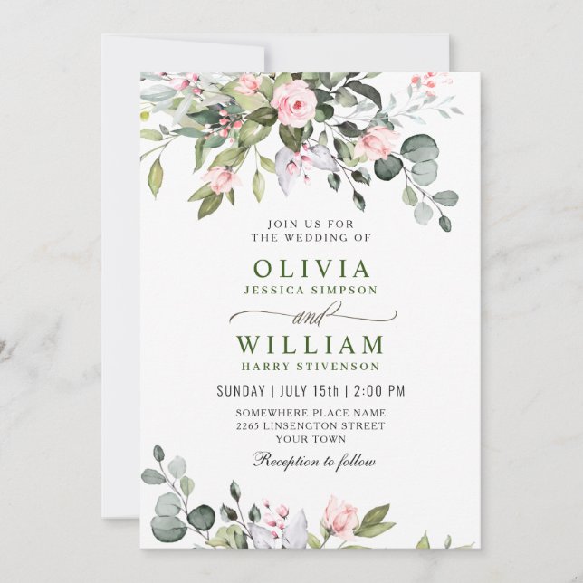 Convite Elegante Eucalyptus Blush Rosas Casamento Verde (Frente)