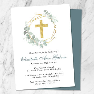 Convite Elegante Eucalyptus Dourado Cross Script Baptism