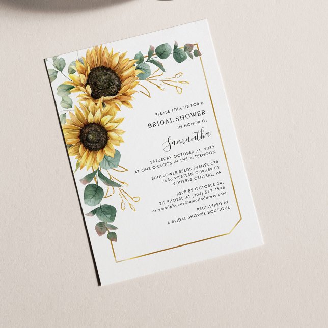 Convite Elegante Eucalyptus Floral Sunflower Chá de panela (Watercolor Sunflower Eucalyptus Bridal Shower Invitation)