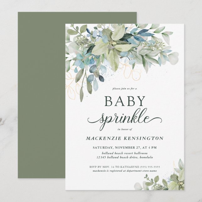 Convite Elegante Eucalyptus Greenery Baby Sprinkle (Frente/Verso)