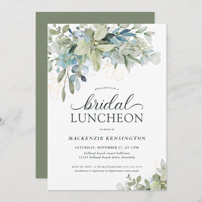 Convite Elegante Eucalyptus Greenery Bridal Luncheon (Frente/Verso)