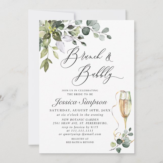Convite Elegante Eucalyptus Greenery Brunch e Bubble (Frente)