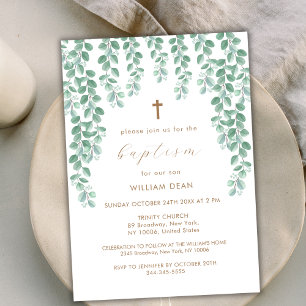 Convite Elegante Eucalyptus Greenery Cross Baptism