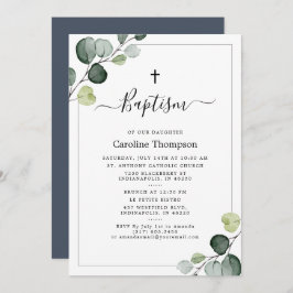 Convite Elegante Eucalyptus Greenery Marinho Baptism
