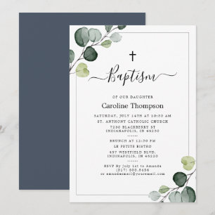 Convite Elegante Eucalyptus Greenery Marinho Baptism
