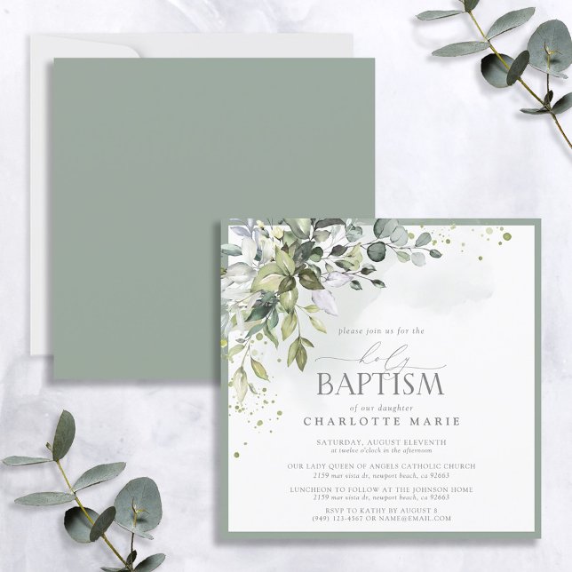 Convite Elegante Eucalyptus Greenery Watercolor Baptism (Criador carregado)
