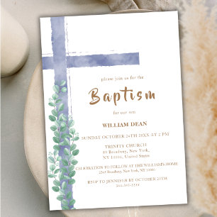 Convite Elegante Eucalyptus Watercolor Cross Boy Baptism