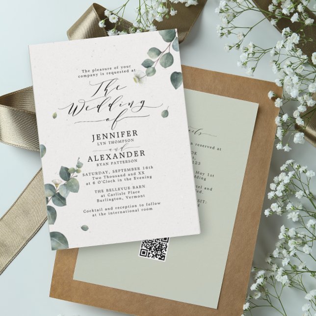 Convite Elegante Eucalyptus Wedding All in One RSVP Código (Criador carregado)