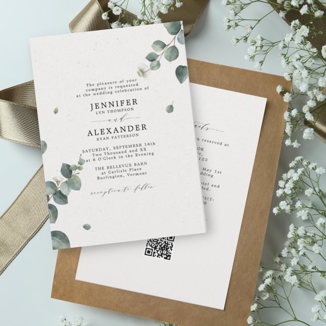 Convite Elegante Eucalyptus Wedding All in One RSVP Código (Criador carregado)