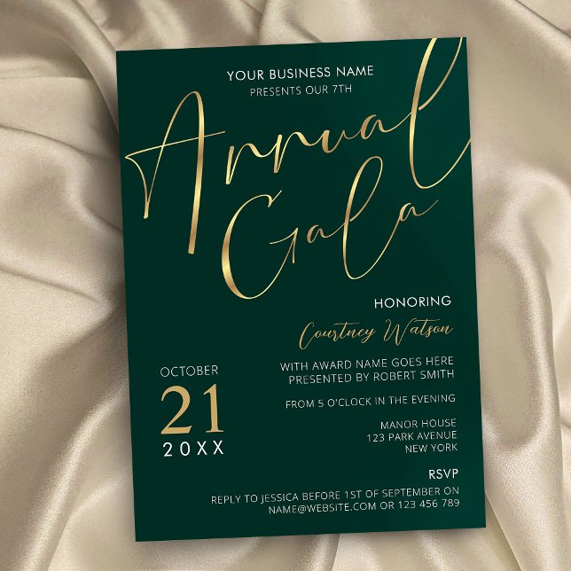 Convite Elegante Evento Anual da Empresa Verde e Dourado G (Emerald green and faux gold business annual gala night invitation with elegant script fonts)