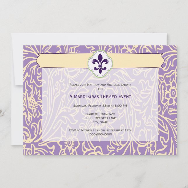 Convite Elegante evento Mardi Gras Fleur de Lis (Frente)