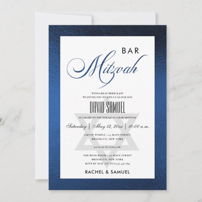 CONVITE ELEGANTE FAUX AZUL SIMPLES BAR BAT MITZVAH (Frente)