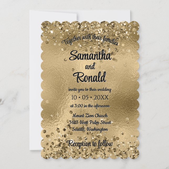 Convite Elegante Faux Dourada Glitter e Foil Wedes (Frente)
