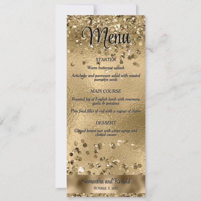 Convite Elegante Faux Dourado Glitter e Foil Weding Menu (Frente)