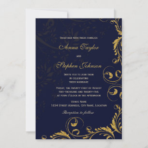 Convite Elegante Faux Dourado Glitter Floral Swirls Marinh