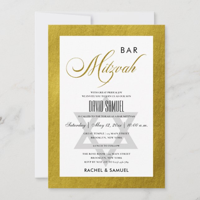 CONVITE ELEGANTE FAUX DOURADO SIMPLES BAR BAT MITZVAH (Frente)