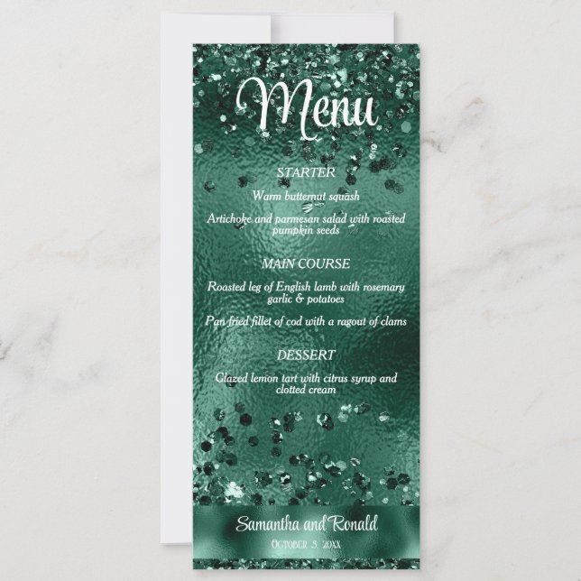 Convite Elegante Faux Green Glitter e Foil Weding Menu (Frente)