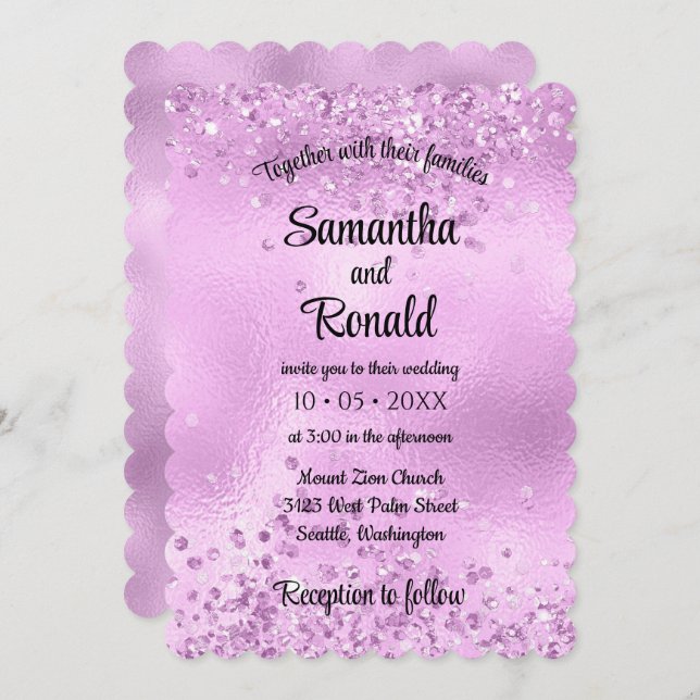 Convite Elegante Faux Lilac Glitter e Foil Wedes (Frente/Verso)