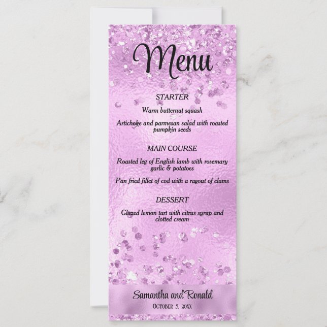 Convite Elegante Faux Lilac Glitter e Foil Weding Menu (Frente)