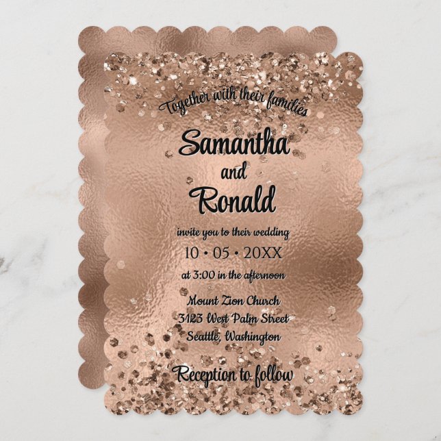 Convite Elegante Faux Rosa Dourada Glitter e Foil Wedes (Frente/Verso)