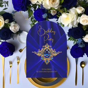 Convite Elegante Faux Silk Dourado de Aniversário Azul Rea