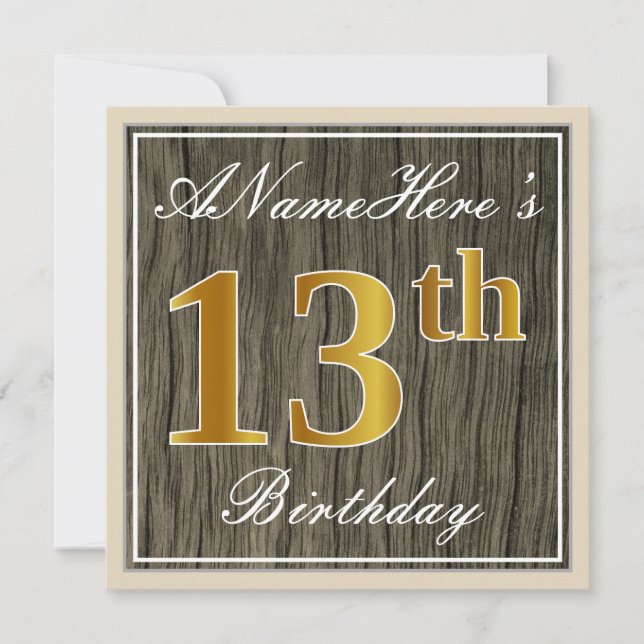 Convite Elegante, Faux Wood, Faux Dourada 13 Birthday + No (Frente)
