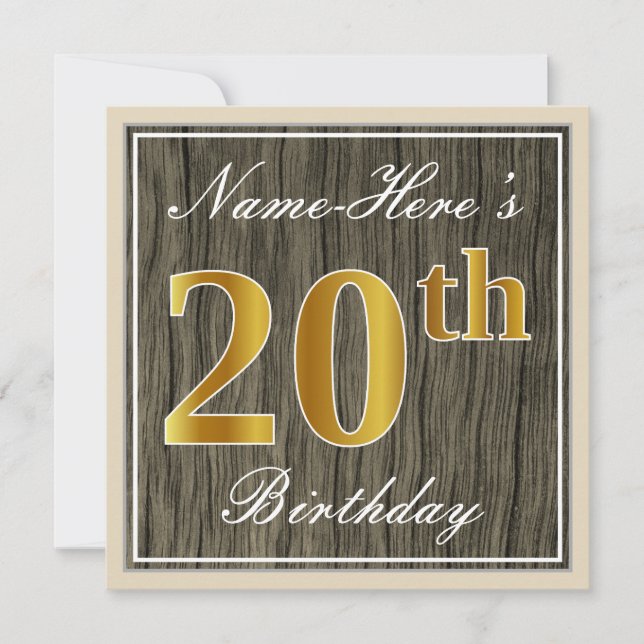 Convite Elegante, Faux Wood, Faux Dourada 20 Birthday + No (Frente)
