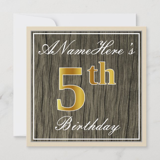 Convite Elegante, Faux Wood, Faux Dourada 5 Birthday + Nom (Frente)