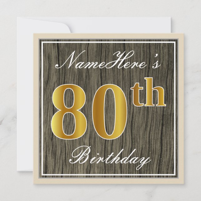 Convite Elegante, Faux Wood, Faux Dourada 80 Birthday + No (Frente)