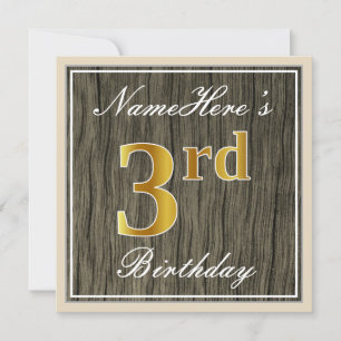 Convite Elegante, Faux Wood, Faux Dourada aniversário de