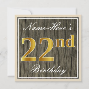 Convite Elegante, Faux Wood, Faux Dourado 22º Aniversári