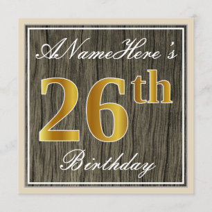 Convite Elegante, Faux Wood, Faux Dourado 26º Aniversári