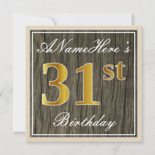 Convite Elegante, Faux Wood, Faux Dourado 31º Aniversário 