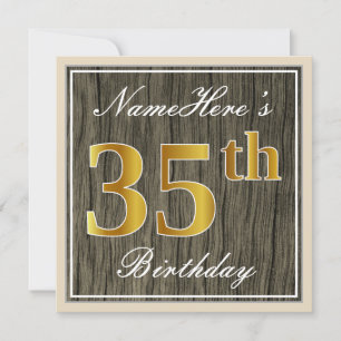 Convite Elegante, Faux Wood, Faux Dourado 35.º Aniversário