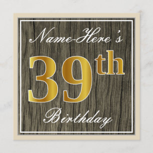 Convite Elegante, Faux Wood, Faux Dourado 39º Aniversári